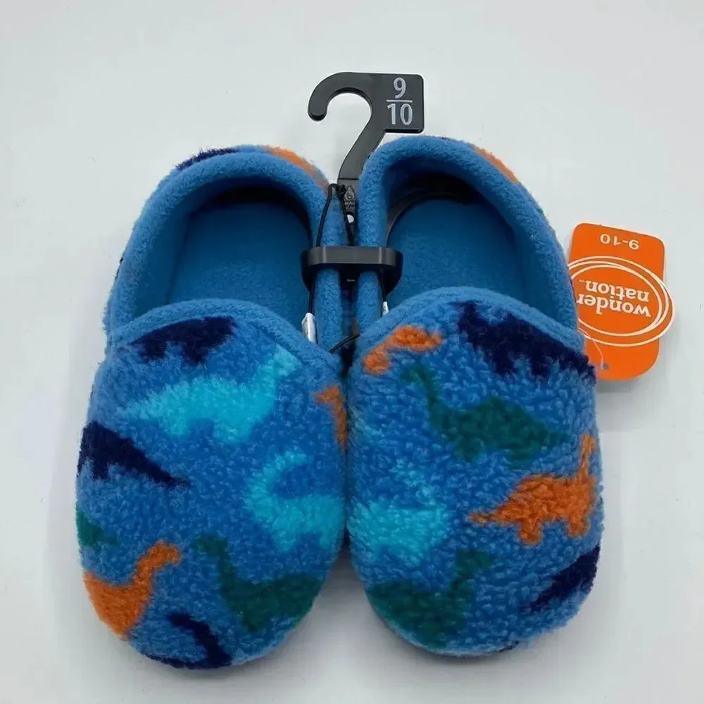 Toddler Boys Fuzzy Sherpa Dinosaur Print Indoor Outdoor Slippers Shoes Size 9/10